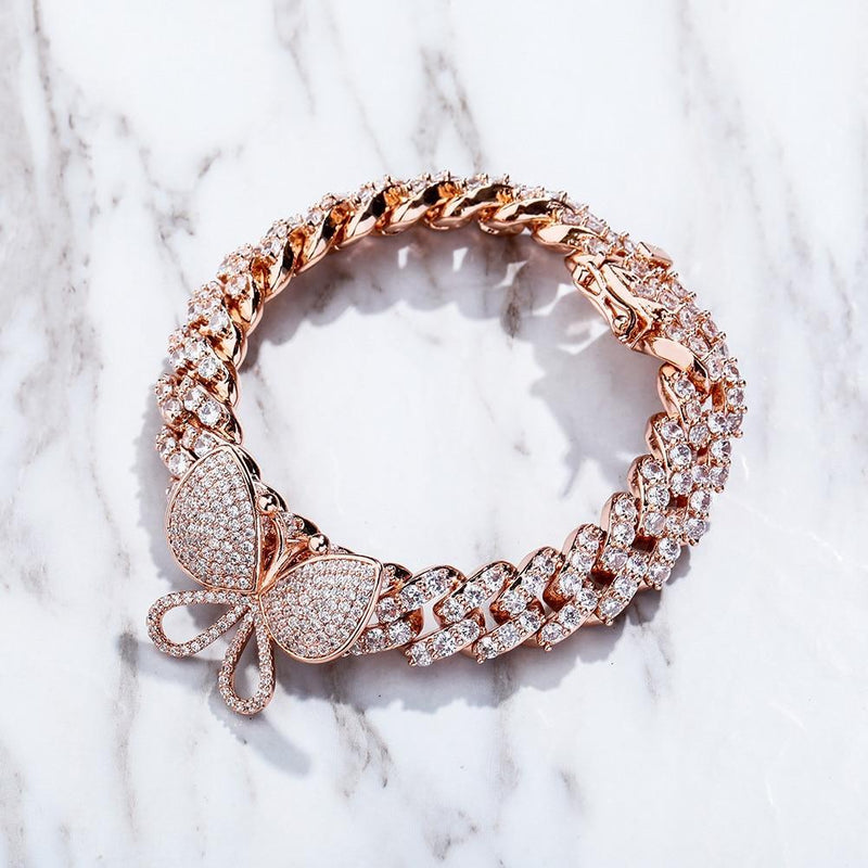 12MM ROTATABLE BUTTERFLY CUBAN BRACELET 14K - ICECI