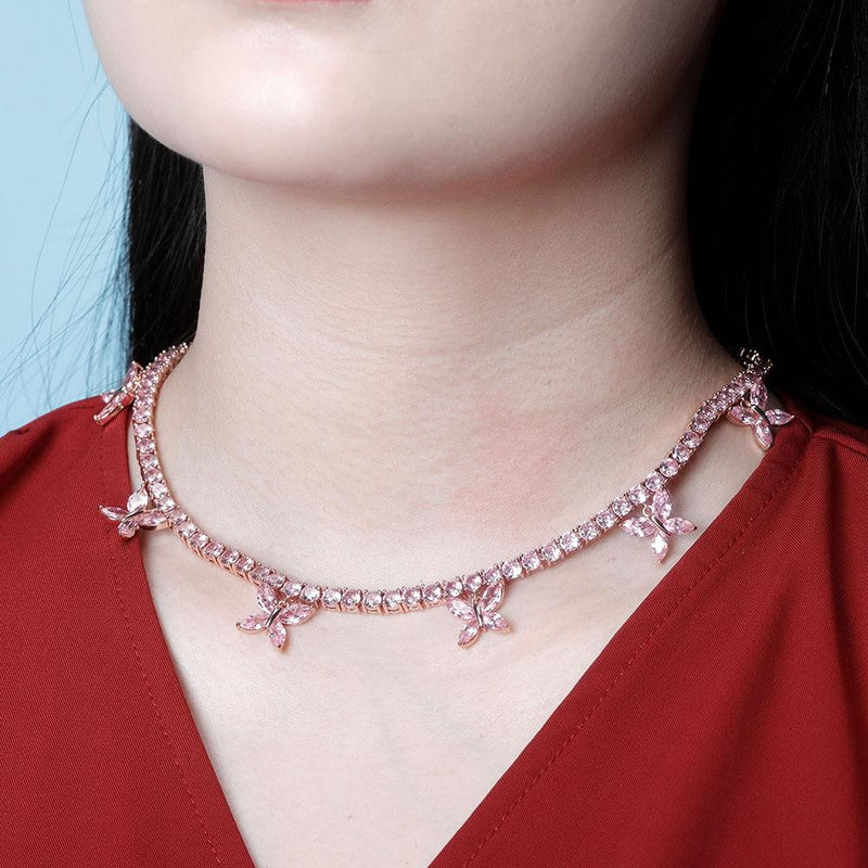 5MM CHOKER BUTTERFLY TENNIS NECKLACE 14K - ICECI