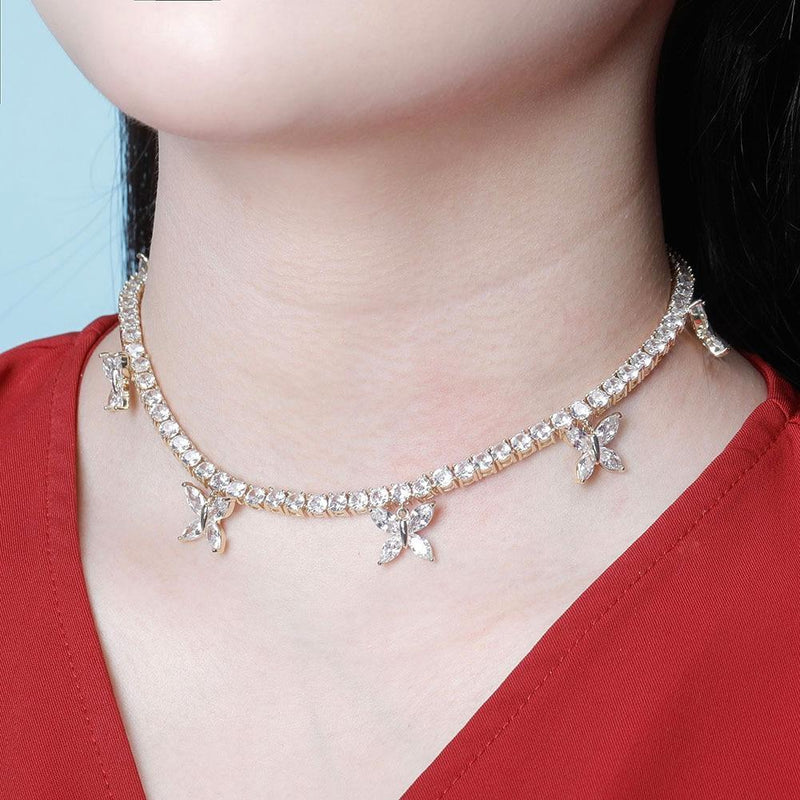 5MM CHOKER BUTTERFLY TENNIS NECKLACE 14K - ICECI
