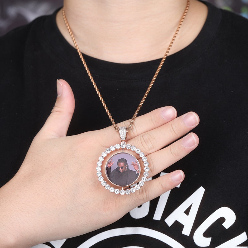 Custom Rotating Two-Faced Photo Medallion Pendant 14K