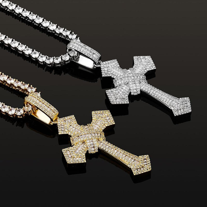 BAGUETTE X CROSS PENDANT 14K - ICECI