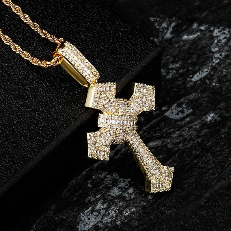 BAGUETTE X CROSS PENDANT 14K - ICECI