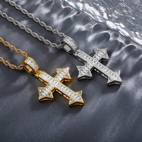 Channel Baguette Patonce Cross Pendant 14K - ICECI