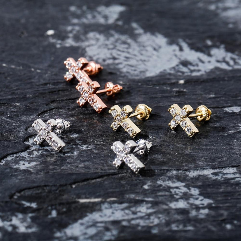 CROSS STUD EARRINGS 14K X STERLING SILVER - ICECI