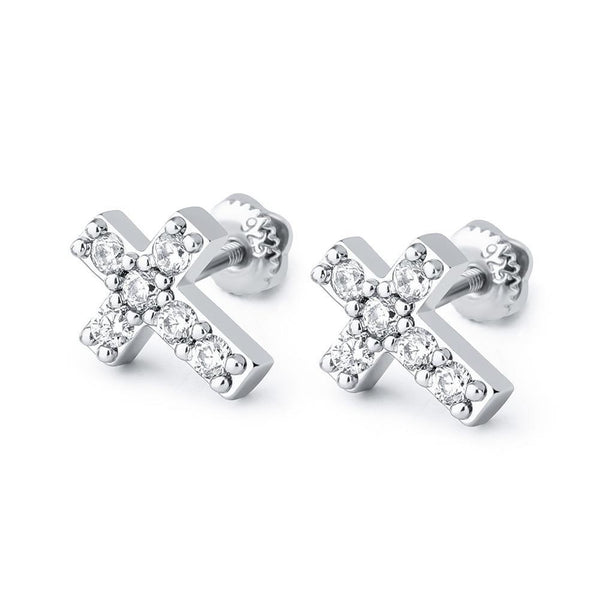 CROSS STUD EARRINGS 14K X STERLING SILVER - ICECI