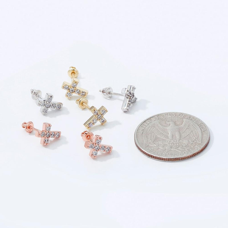 CROSS STUD EARRINGS 14K X STERLING SILVER - ICECI
