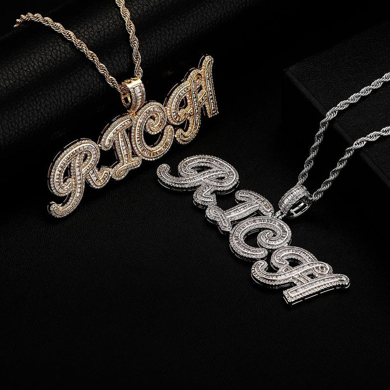 Custom Cursive Multi-Layer Baguette Font Pendant 14K - ICECI