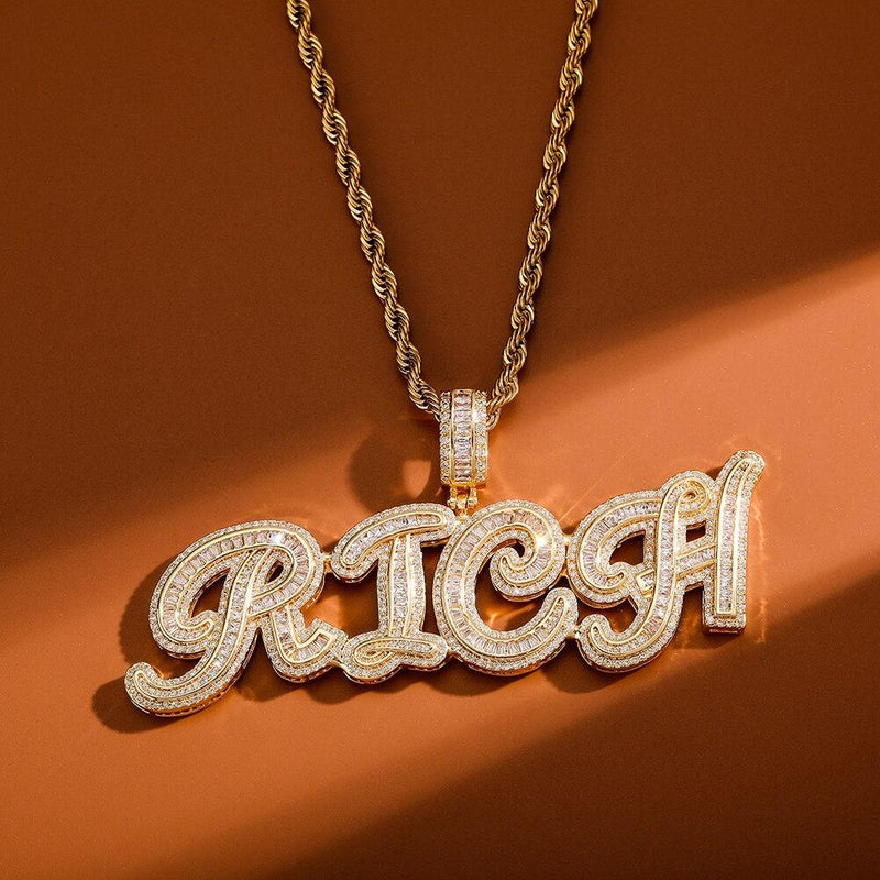 Custom Cursive Multi-Layer Baguette Font Pendant 14K - ICECI