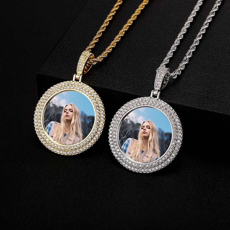 Custom Double Halo Photo Medallion Pendant 14K - ICECI