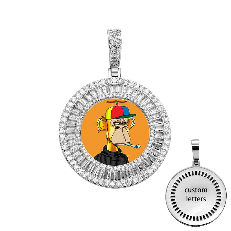 Custom Halo Micro Pave Baguette Photo Medallion Pendant 14K - ICECI