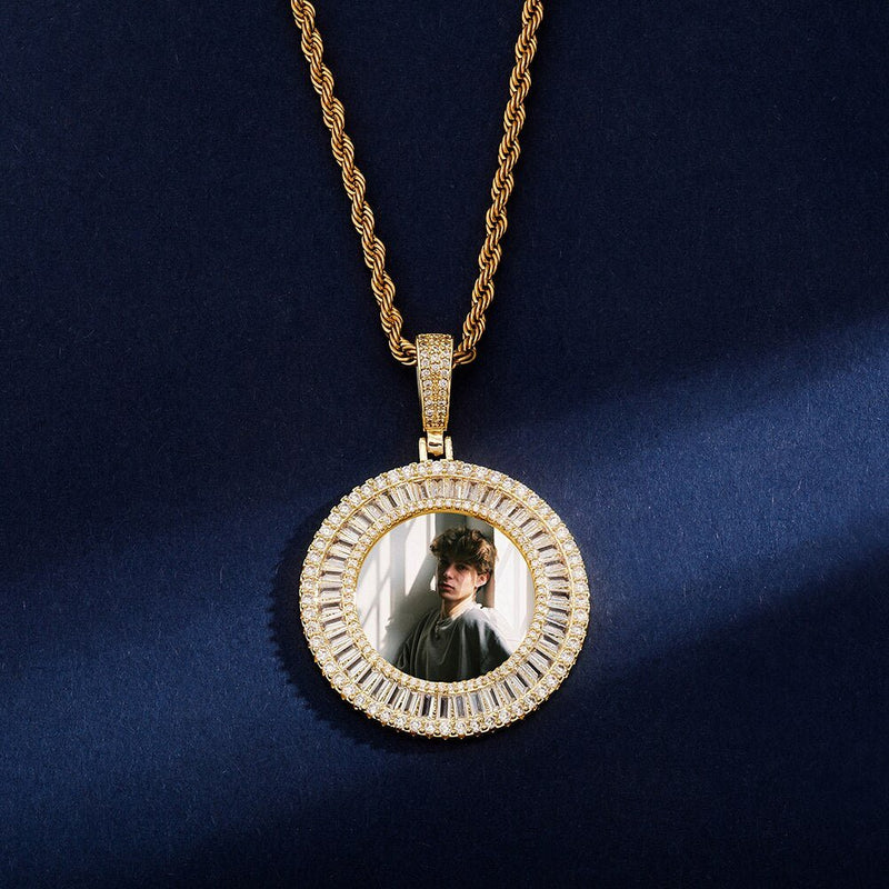 Custom Halo Micro Pave Baguette Photo Medallion Pendant 14K - ICECI