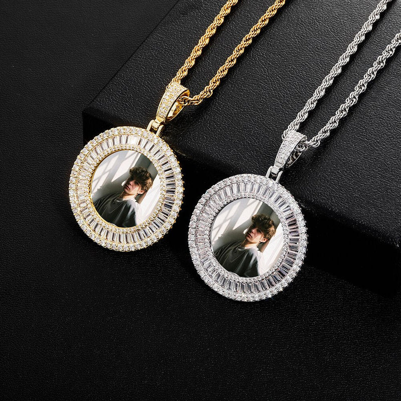 Custom Halo Micro Pave Baguette Photo Medallion Pendant 14K - ICECI