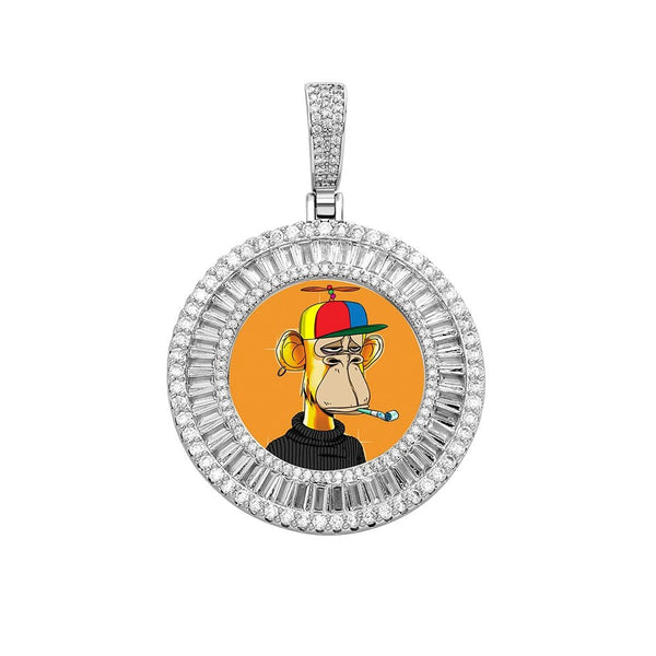 Custom Halo Micro Pave Baguette Photo Medallion Pendant 14K - ICECI