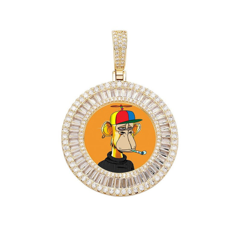 Custom Halo Micro Pave Baguette Photo Medallion Pendant 14K - ICECI