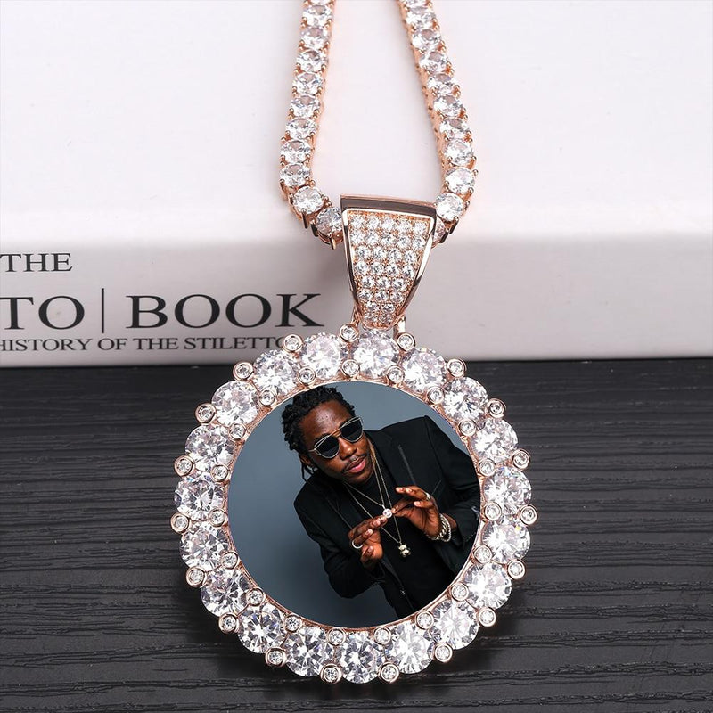 CUSTOM LARGE DIAMONDS PHOTO MEDALLION PENDANT 14K - ICECI