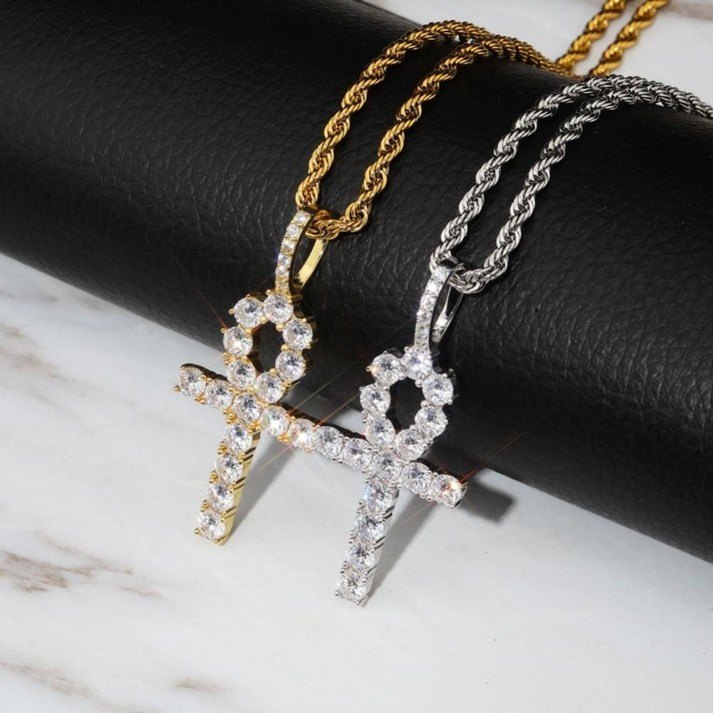 DIAMOND ANKH CROSS PENDANT 18K X STERLING SILVER - ICECI