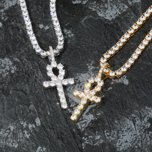 DIAMOND ANKH CROSS PENDANT 18K X STERLING SILVER - ICECI