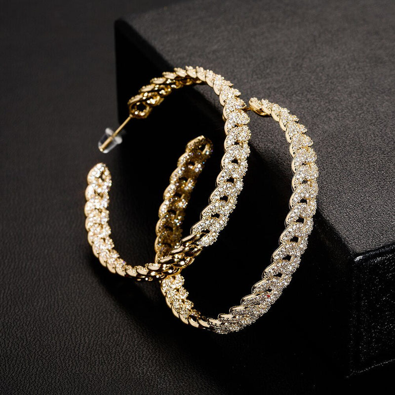 Diamond Cuban Link Hoop Earrings 14K x Sterling Silver - ICECI