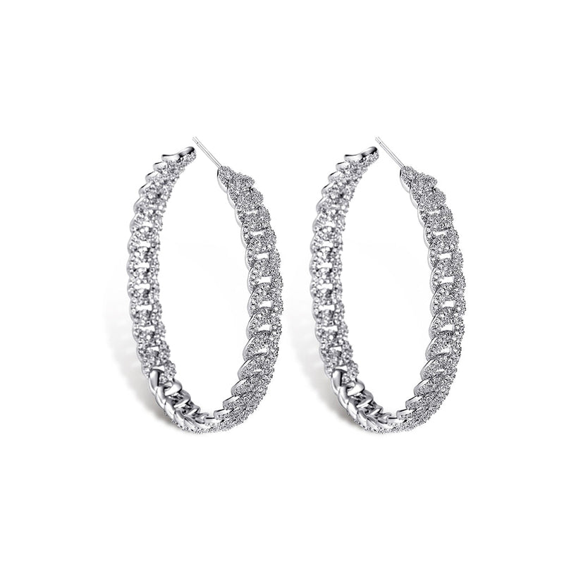 Diamond Cuban Link Hoop Earrings 14K x Sterling Silver - ICECI