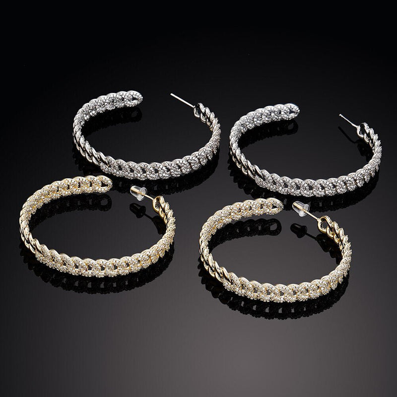 Diamond Cuban Link Hoop Earrings 14K x Sterling Silver - ICECI