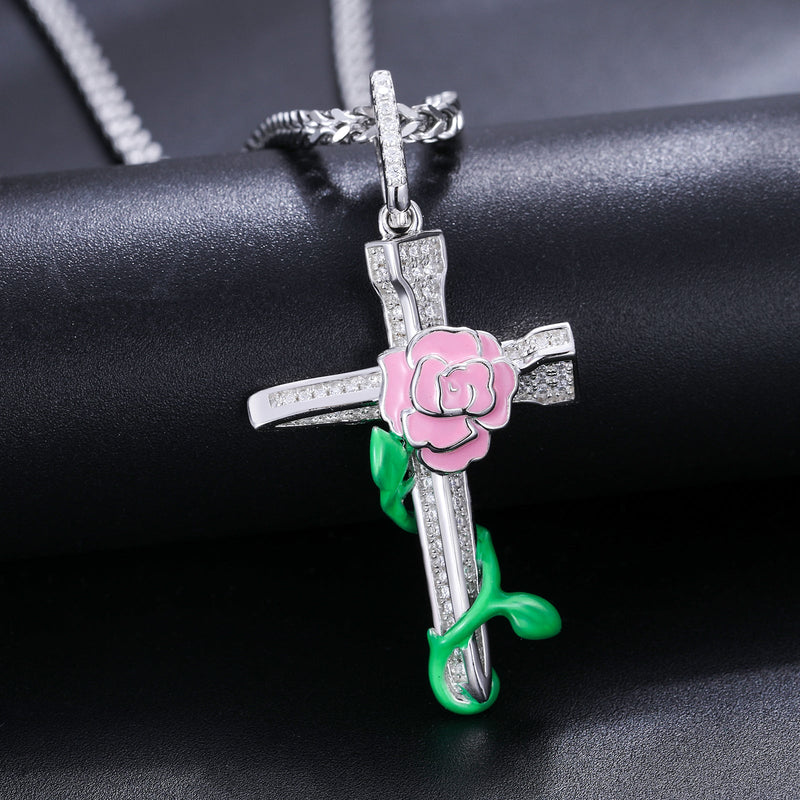 Glowing Rose Flower Cross Pendant 18K x Moissanite - ICECI