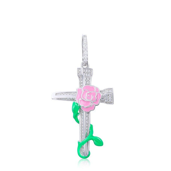 Glowing Rose Flower Cross Pendant 18K x Moissanite - ICECI