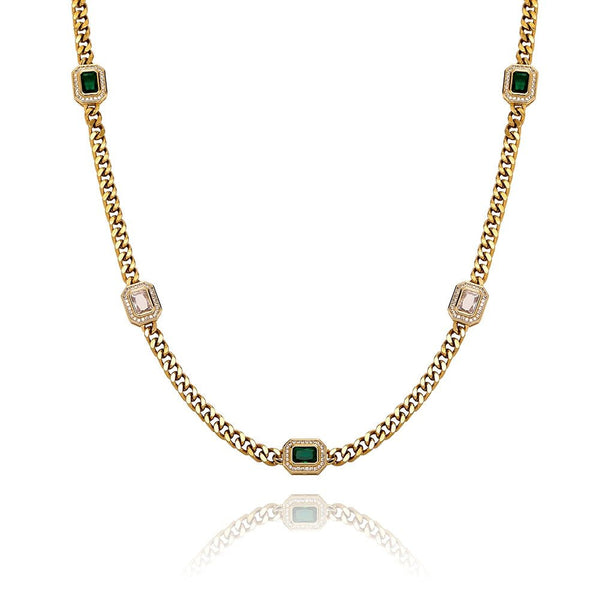 Halo Baguette Station Pearl Tail Cuban Chain 14K - ICECI