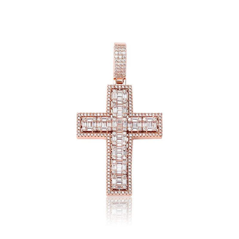 Halo Clustered Baguette Cross Pendant 14K - ICECI