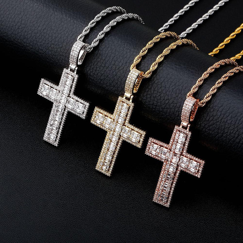 Halo Clustered Baguette Cross Pendant 14K - ICECI