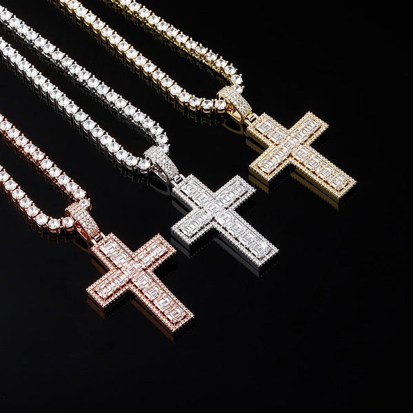 Halo Clustered Baguette Cross Pendant 14K - ICECI