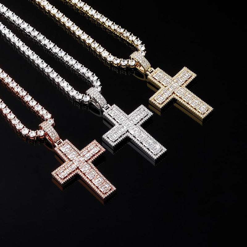 Halo Clustered Baguette Cross Pendant 14K - ICECI