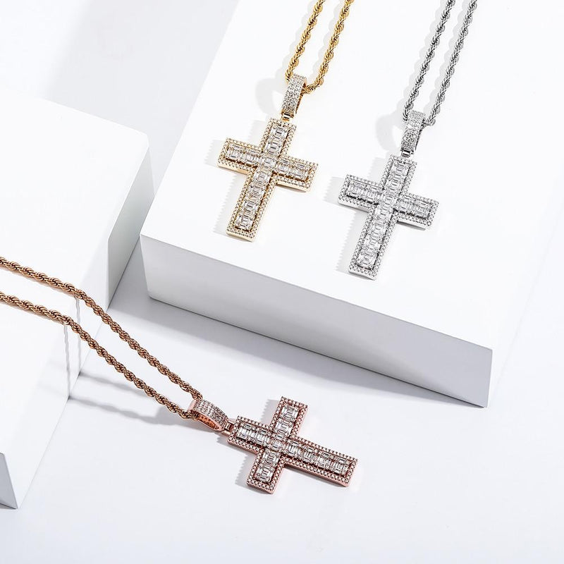 Halo Clustered Baguette Cross Pendant 14K - ICECI