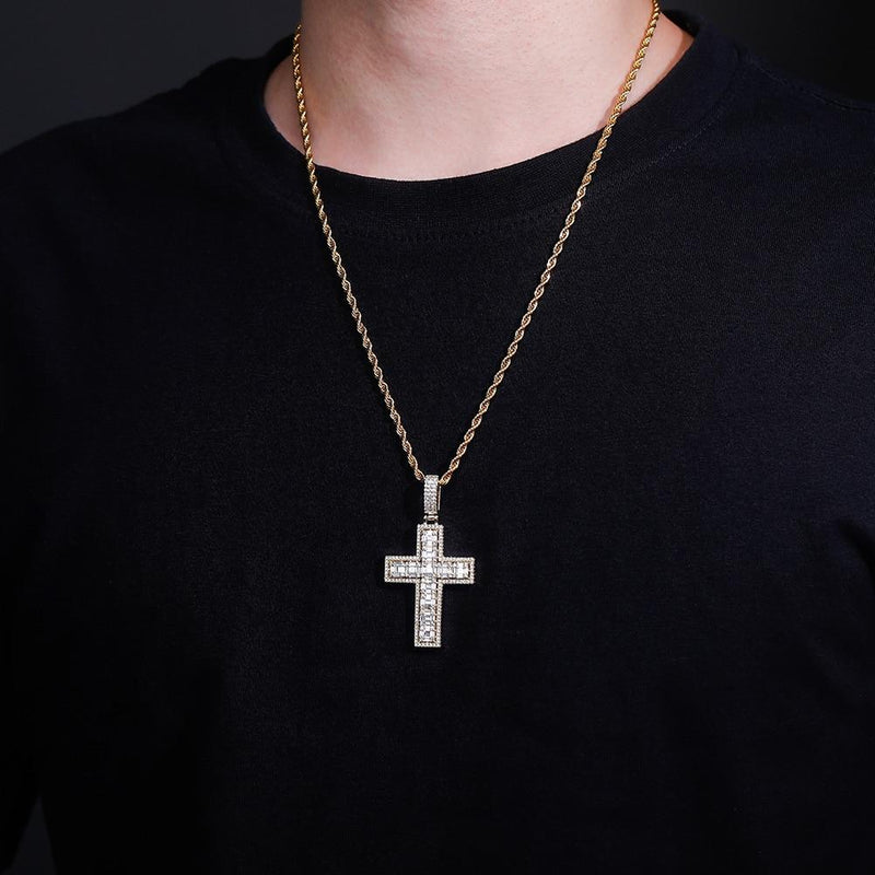 Halo Clustered Baguette Cross Pendant 14K - ICECI