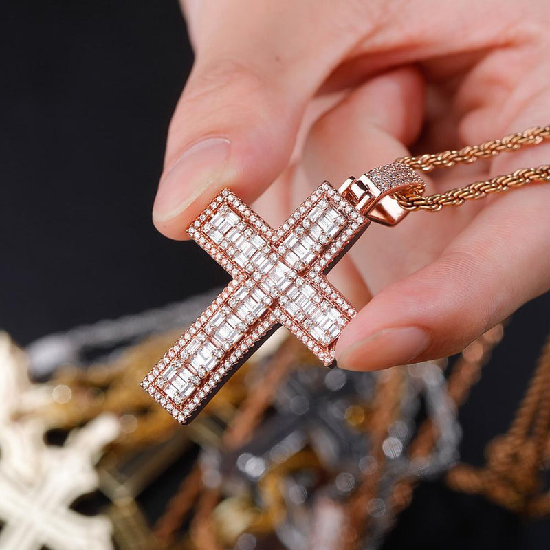 Halo Clustered Baguette Cross Pendant 14K - ICECI