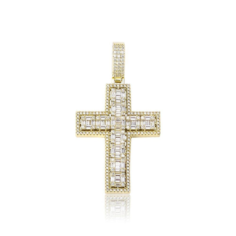 Halo Clustered Baguette Cross Pendant 14K - ICECI