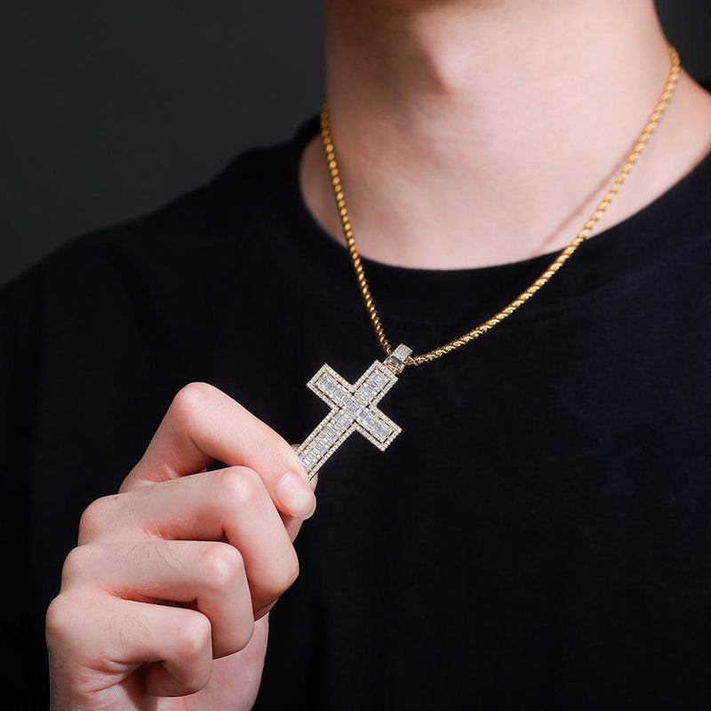 Halo Clustered Baguette Cross Pendant 14K - ICECI