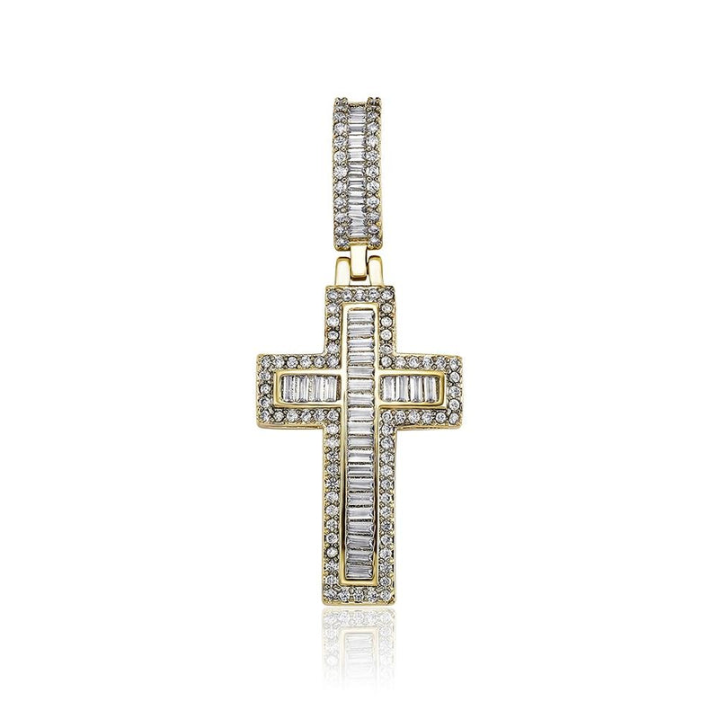 Halo Emerald Baguette Cross Pendant 14K - ICECI