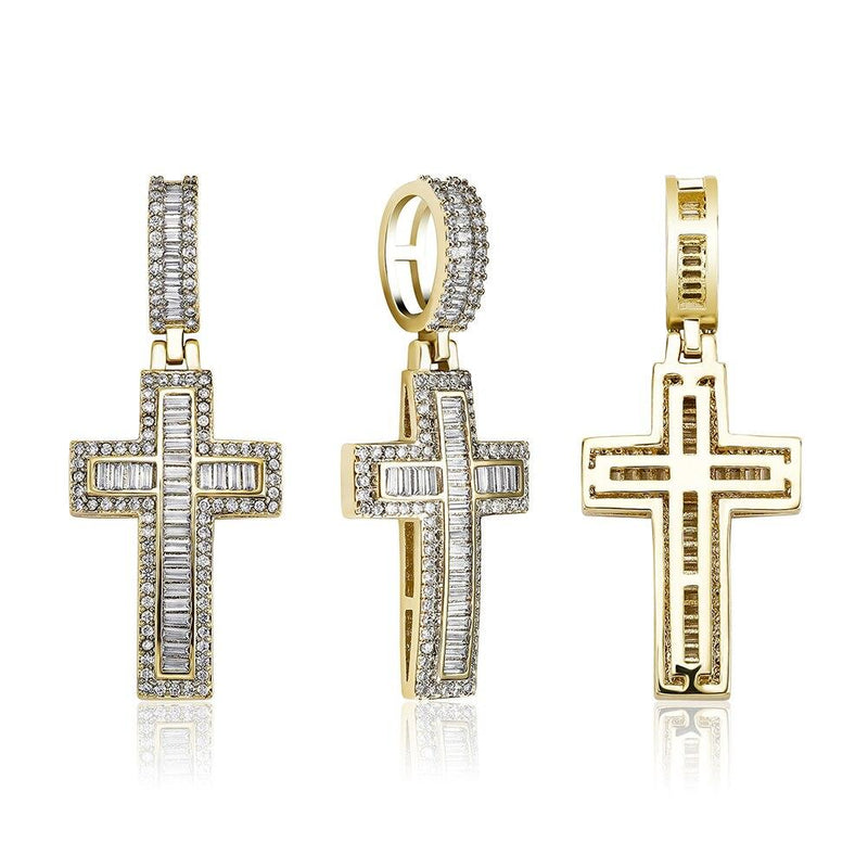 Halo Emerald Baguette Cross Pendant 14K - ICECI