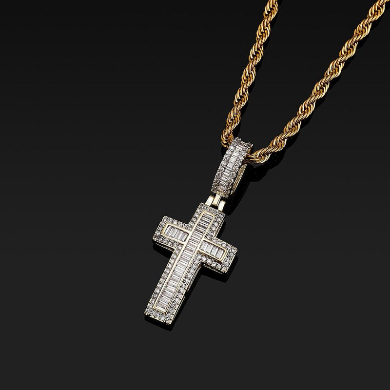 Halo Emerald Baguette Cross Pendant 14K - ICECI