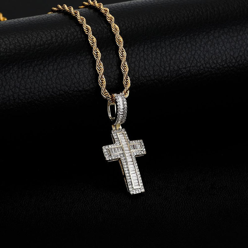 Halo Emerald Baguette Cross Pendant 14K - ICECI