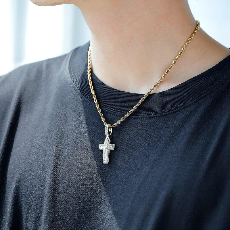 Halo Emerald Baguette Cross Pendant 14K - ICECI