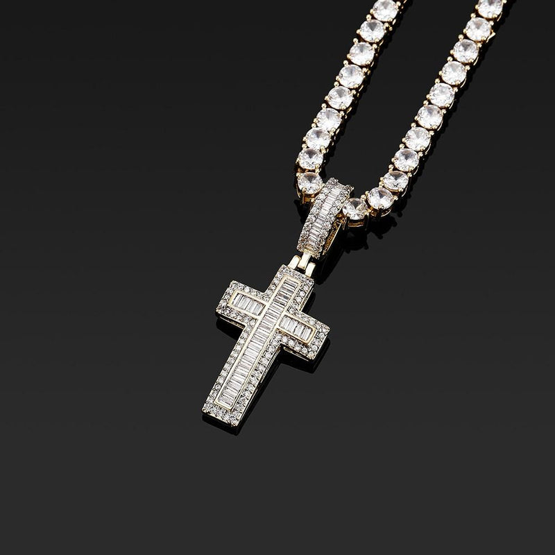 Halo Emerald Baguette Cross Pendant 14K - ICECI