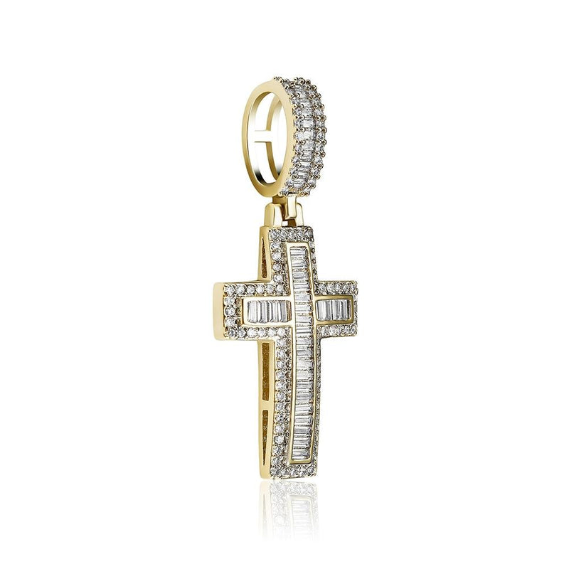 Halo Emerald Baguette Cross Pendant 14K - ICECI