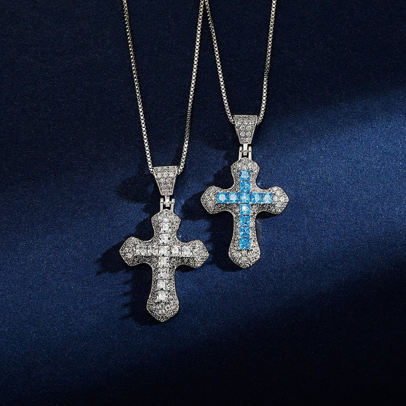 Halo Micro Pave Princess Cut Cross Pendant 14K - ICECI