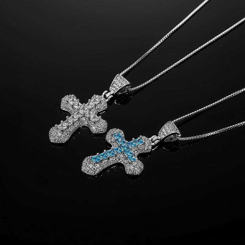 Halo Micro Pave Princess Cut Cross Pendant 14K - ICECI