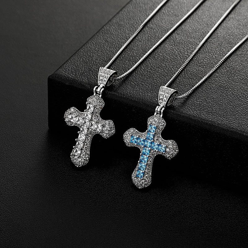 Halo Micro Pave Princess Cut Cross Pendant 14K - ICECI