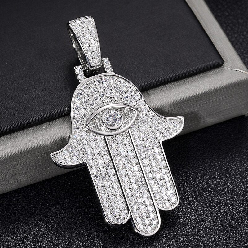 Hamsa Hand Evil Eye Pendant 18K x Moissanite - ICECI