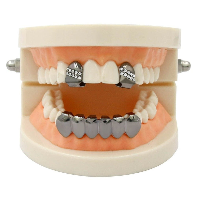 Iced 2 Single Top Tooth Caps + 6 Tooth Bottom Grillz 14K - ICECI