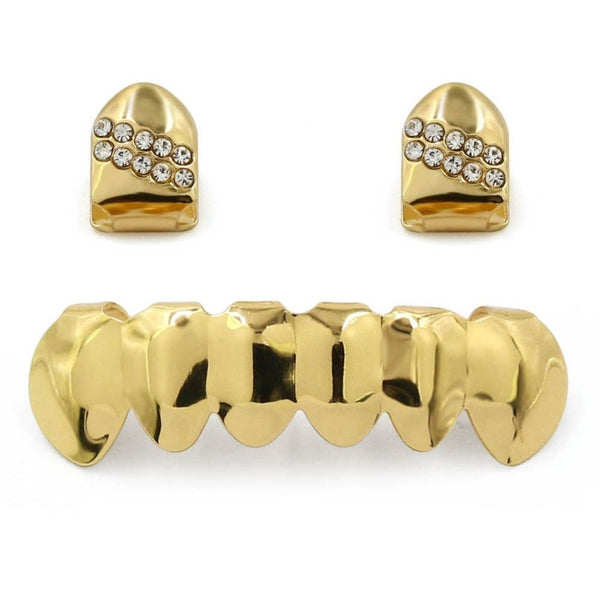 Iced 2 Single Top Tooth Caps + 6 Tooth Bottom Grillz 14K - ICECI