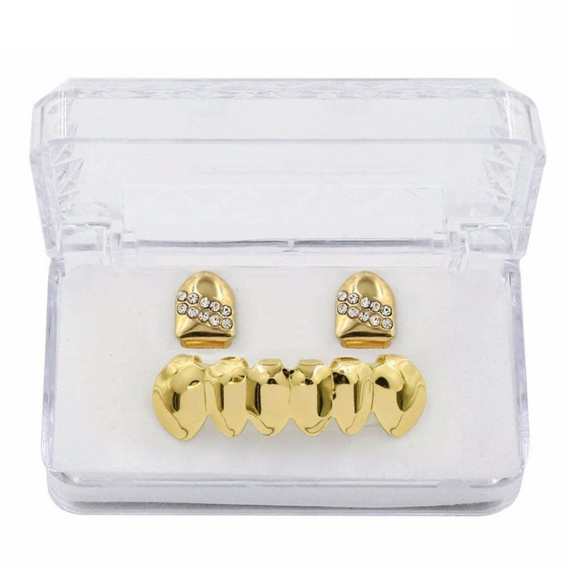 Iced 2 Single Top Tooth Caps + 6 Tooth Bottom Grillz 14K - ICECI